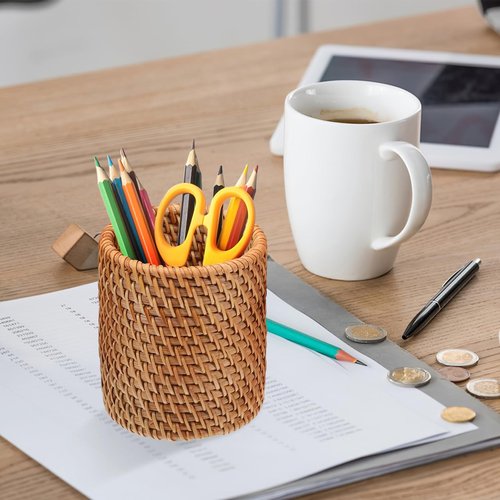 SEWACC 2pcs Woven Pencil Holder Makeup Brush Organizer Cosmetic Brush Organizer Holders Woven Pencil Cup Stationery Storage Pen Storagehook Pots Dispenser Wooden Bohemian Office