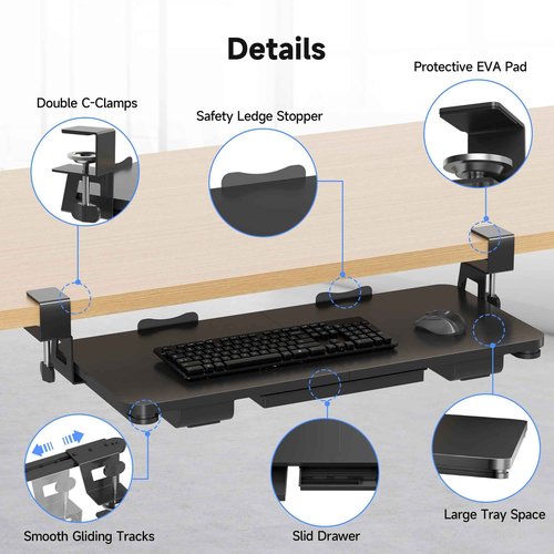 XINLEI Keyboard Tray Under Desk with Storage Drawer Large C-Clamp 26.7”(31” Including Clamps) x 11.8” Slide-Out Platform Computer Drawer Pull Out Keyboard & Mouse Tray DSF7CT