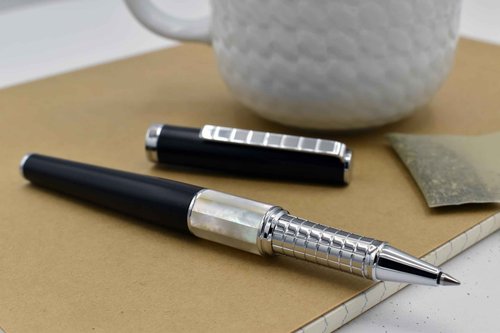 Xezo Speed Master Fine Rollerball Pen. Matte Black with White Mother of Pearl. Chrome Plated. Sporty Lightweight Brass Body. Each Unique