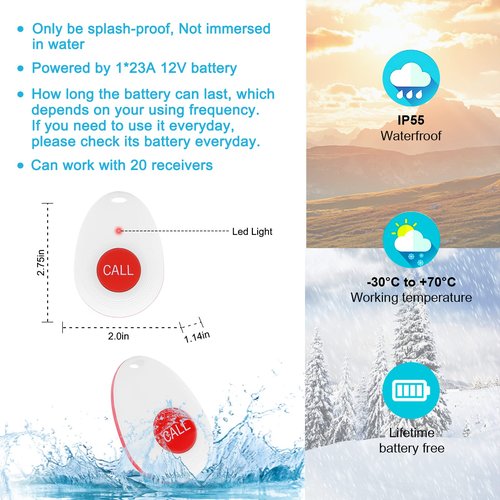 CallToU Wireless Caregiver Pager Call Button for Hard of Hearing 500FT Emergency Alert System Waterproof Call Bell for Elderly at Home/Elderly/Patients/Disabled (CCVB 4-2)