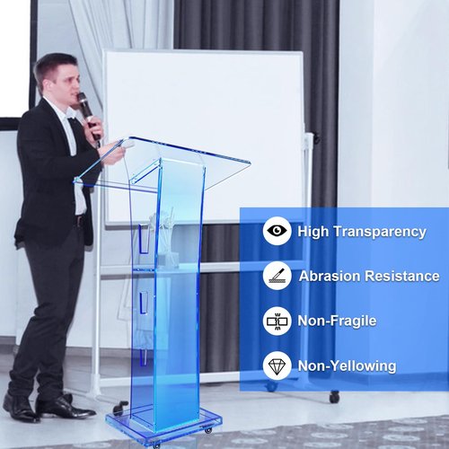 42.5" Acrylic Podium Stand with 15 Adjustable LED Colors, Storage Shelf, and Wheels - Clear Pulpit for Church, Conference, Classroom, Wedding, and Events