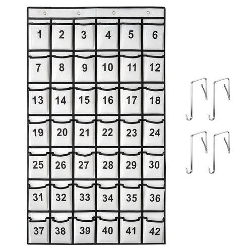 SAVERHO 42 Pockets Numbered Classroom Pocket Chart for Cell Phones, Hanging Pocket Chart Storage for Classroom Phone Calculator Holder with 4 Hooks and 42 Clear Numbers Printing (White-42pockets)