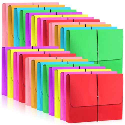 24 Pack Bulk Expanding File Folder Pocket Wallet with Flap and Cord Closure, 2" Expansion, Letter Size, Assorted Colors File Organizer for Office School Classroom Document Storage