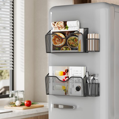 JANE EYRE Magnetic File Holder - 2pcs Hanging File Organizer Magazine Document Paper Holders with 2pcs Pen Holders for Classroom Cabinets Office,No Drilling(BLACK)