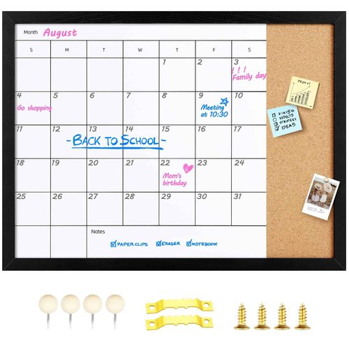 Aitakatta Dry Erase Board & Cork Board, Magnetic Surface Monthly Calendar Whiteboard & Bulletin Board, Combination Dry Erase Calendar for Wall, Decorative Black Wood Framed Memo Board(R-ZHYL-BK,6080)