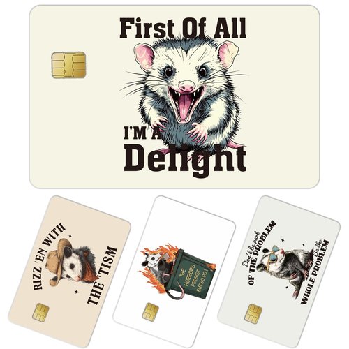 Funny Credit Card Skin Cover - 4 Pcs Fun Possum Opossum Debit Card Stickers Set, First of All I'm A Delight Personalized Debit Cards Skin Decal DIY Transportation Decorations