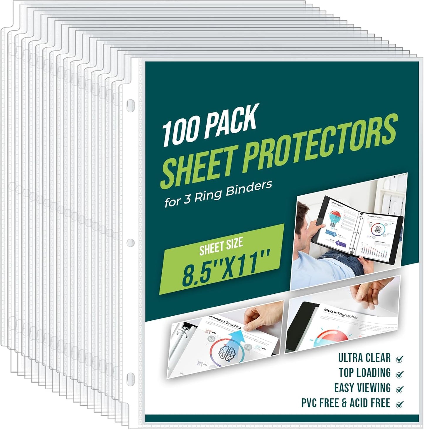 Skiennix Sheet Protectors - 100 Pack Clear Page Protectors for 8.5 x 11 Inch Documents | Top Loading Binder Sleeves