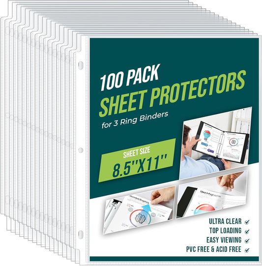 Skiennix Sheet Protectors - 100 Pack Clear Page Protectors for 8.5 x 11 Inch Documents | Top Loading Binder Sleeves
