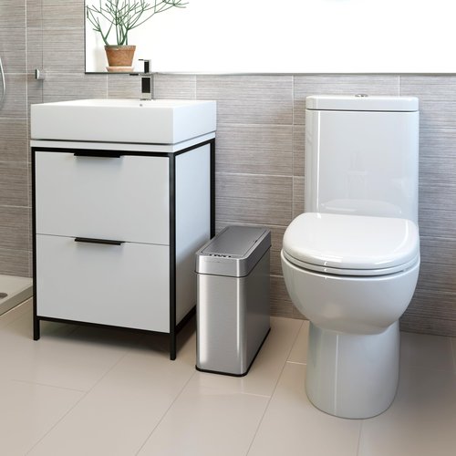 iTouchless 4 Gallon Bathroom Trash Can with Lid and Deodorizer, Lid Opens Left, 15 Liter Stainless Steel Slim Automatic Small Waste Basket Dustbin for Bedroom Home Office Livingroom Garage
