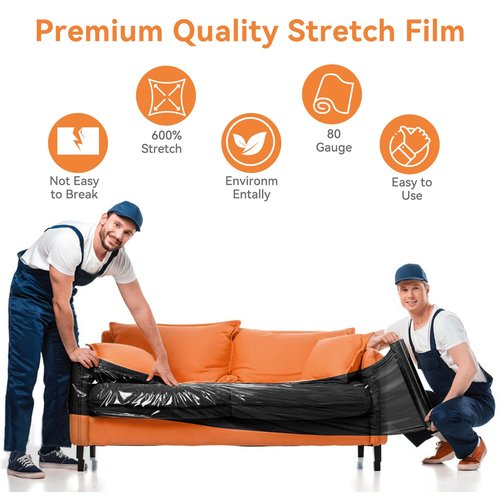 ADAYM 18" x 1500' Stretch/Shrink Wrap Roll (4 Rolls) - Black Plastic Wrap for Moving, Heavy Duty 80 Gauge, 600% Stretch for Packing, Pallets, Shipping&Furniture Protection with Handles
