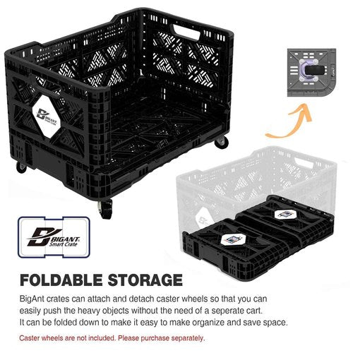 Bigant Heavy Duty Collapsible & Stackable Plastic Milk Crate-Medium Size, Black, Stackable Open Front Organizer, Set of 1, Snap Lock Foldable Industrial Garage Storage Bin Container Utility Basket