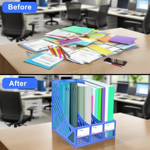 GLUWEE Desk File Organizer 3 Sections Upright Mesh Desktop Organizer File Sorter Letter Paper File Holder for Home, Office & Classroom- Blue