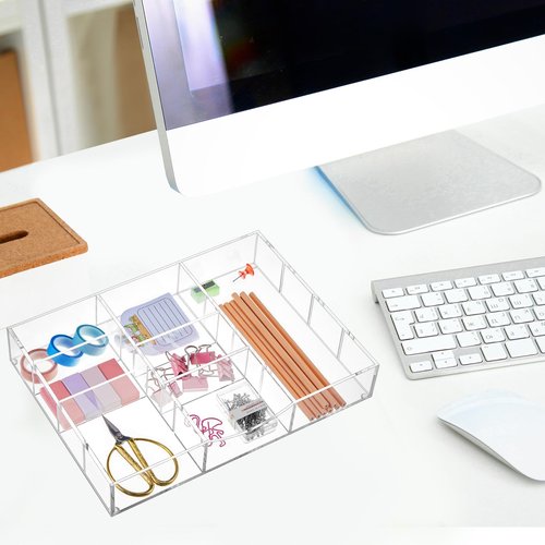 Briwooody Acrylic Drawer Organizer Clear Desk Drawer Organizer Trays with Adjustable Compartments Desk Accessories for Office Stationery Makeup Silverware Bathroom (Non Expandable)