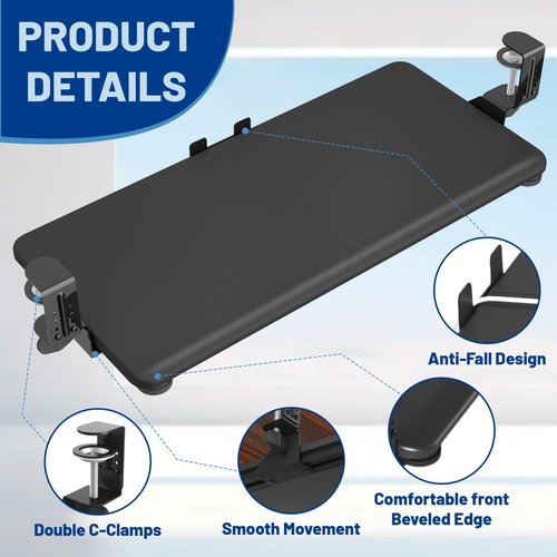PiomuDek Keyboard Tray Under Desk Slide, 25.6"(30” Including Clamps) x 11.8" Height Adjustable Slide-Out Keyboard Drawer with C Clamp, Ergonomic Pull Out Platform Computer Drawer for Typing, Black