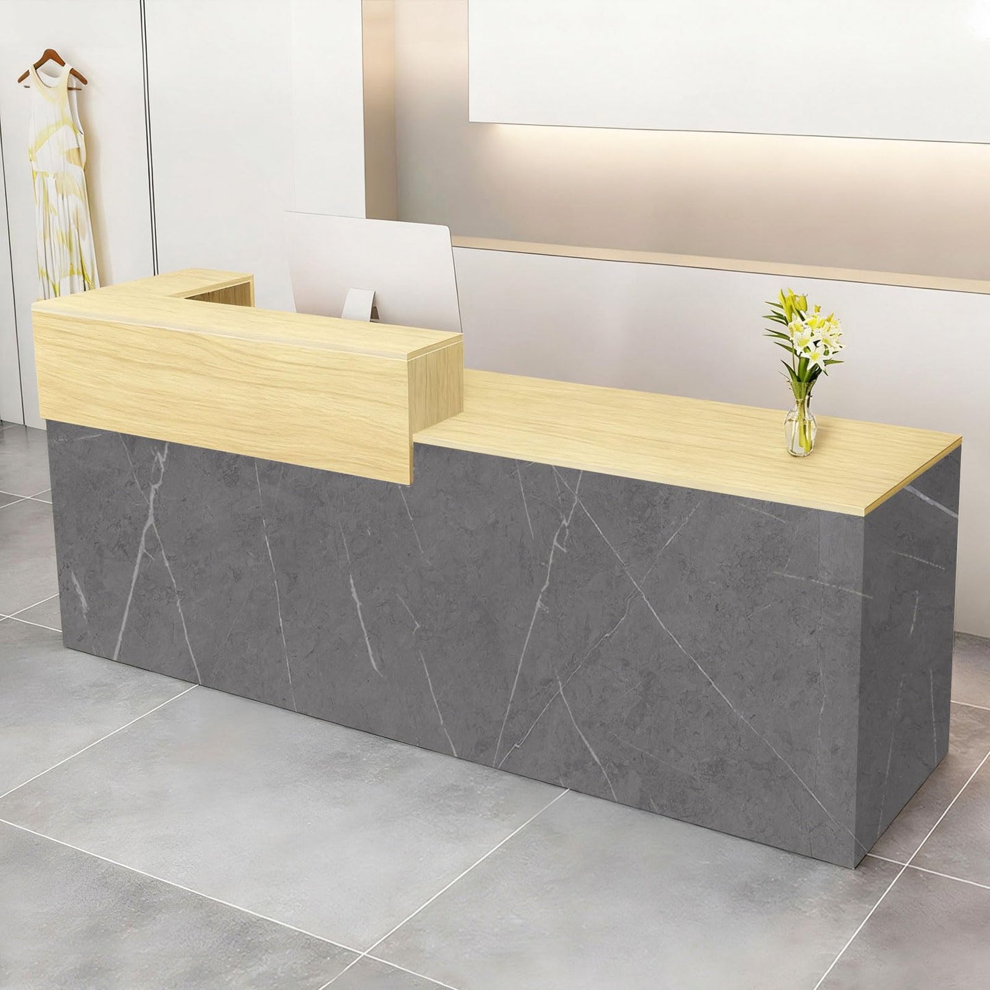 Modern Reception Desk with Drawer & Open Shelves, 39-95 Inch Front Counter Table, Computer Workstation Suitable for Salons, Offices, Lobbies, Retail Stores and Home Offices