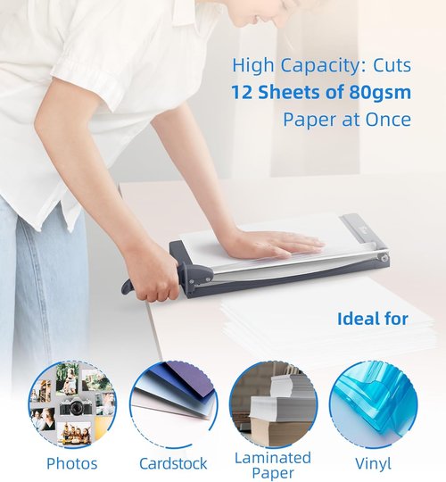Firbon 12" Guillotine Paper Cutter - Compact Heavy-Duty Trimmer for 12 Sheets | Ideal for Scrapbooking, Office & Classroom (Gray)