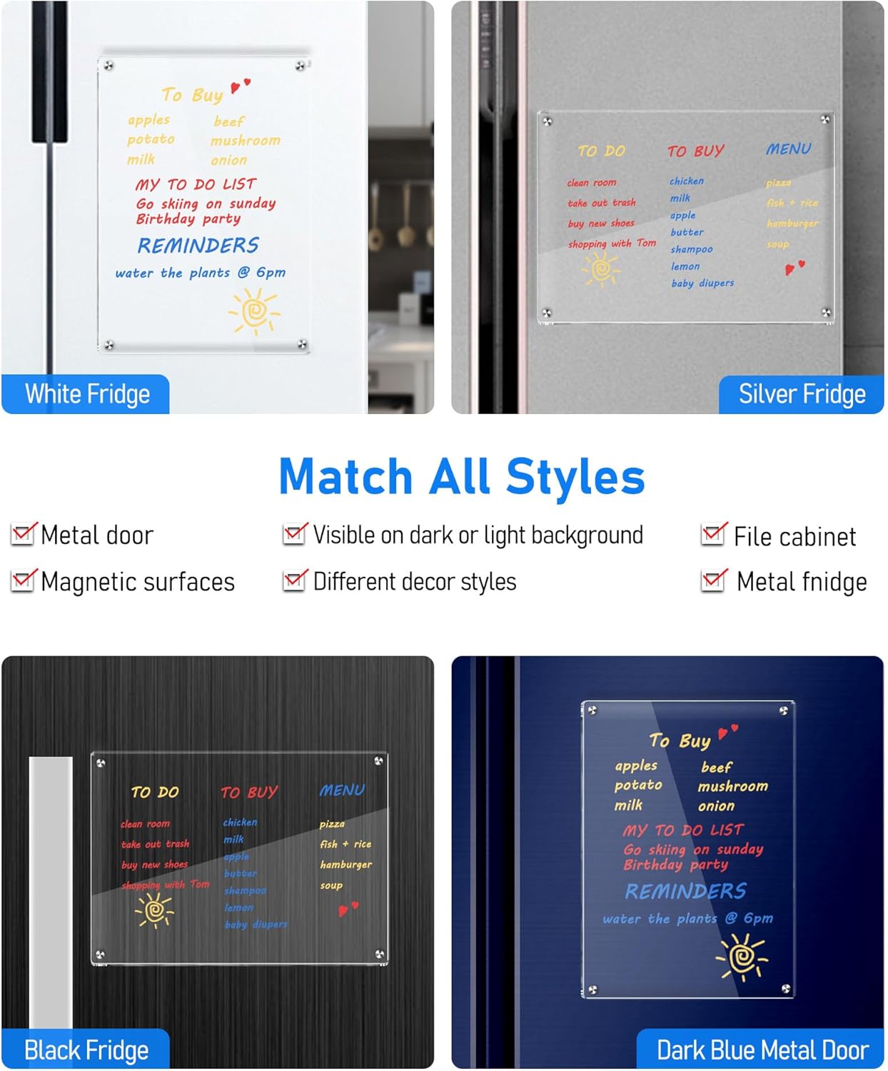 Skiennix Clear Acrylic Magnetic Dry Erase Board - 12"x8" Refrigerator Whiteboard with 6 Color Markers | Weekly Planner Calendar