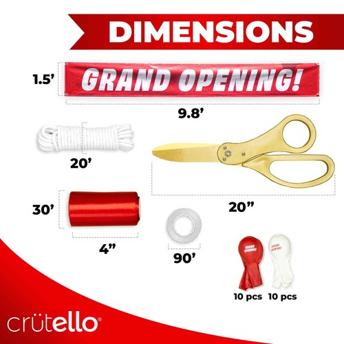 Crutello Ribbon Cutting Ceremony Kit - 21"Giant Gold Scissor with Grand Opening Banner and 30 Foot Large Red Ribbon 4"Wide, 20 Balloons, 90 ft Balloon Ribbons and 20 Feet Banner Rope for Decorations