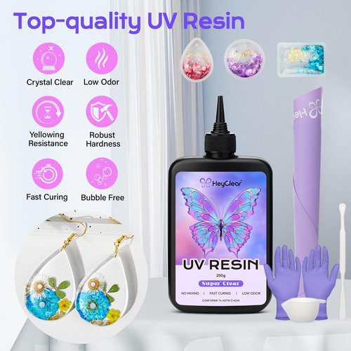HeyClear 250g UV Resin kit -Crystal Clear, Hard Premixed UV Epoxy Resina para Manualidades Fast Curing with Silicone Molds, Mat for Beginners Jewelry Making, DIY Crafts Art, Casting Coating