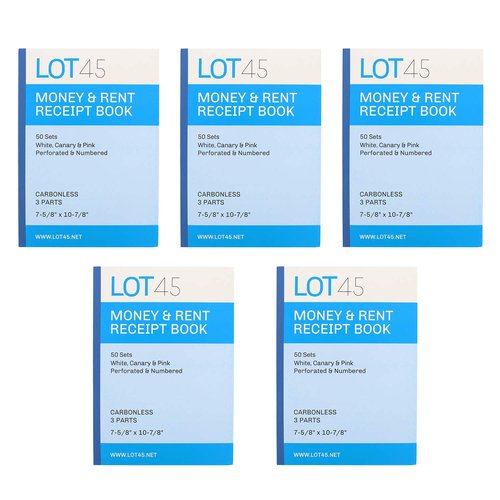 Lot45 Money Rent Receipt Book for Small Business 5 Piece Set, 7.6x11in - Cash Receipt Books 3 Part Carbonless Bound Pads
