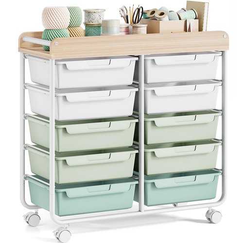 Rolling Storage Cart with 10 Large Drawers, Utility Cart with Wooden TableTop for Craft Organizers, Art Supply Storage, Home Office Organization, Cart with Wheels for Classroom, School, Green