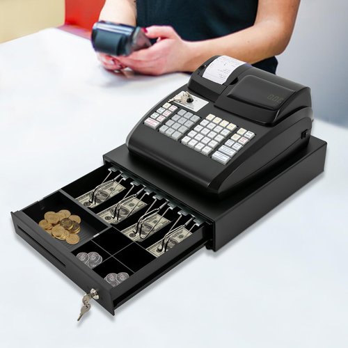 Electronic POS Cash Register with LED Display & Drawer 47-Key Commercial Cash Management System High-Speed Tabletop Billing for Retail Stores&Shops-Black