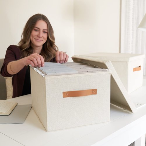 ZICOTO Decorative File Organizer Box Set of 2 and Photo Storage Boxes with Lids Bundle - Perfect to Safely Store Your Pictures, Documents, Scrapbooking Supplies, Keepsakes and Other Memories in Style