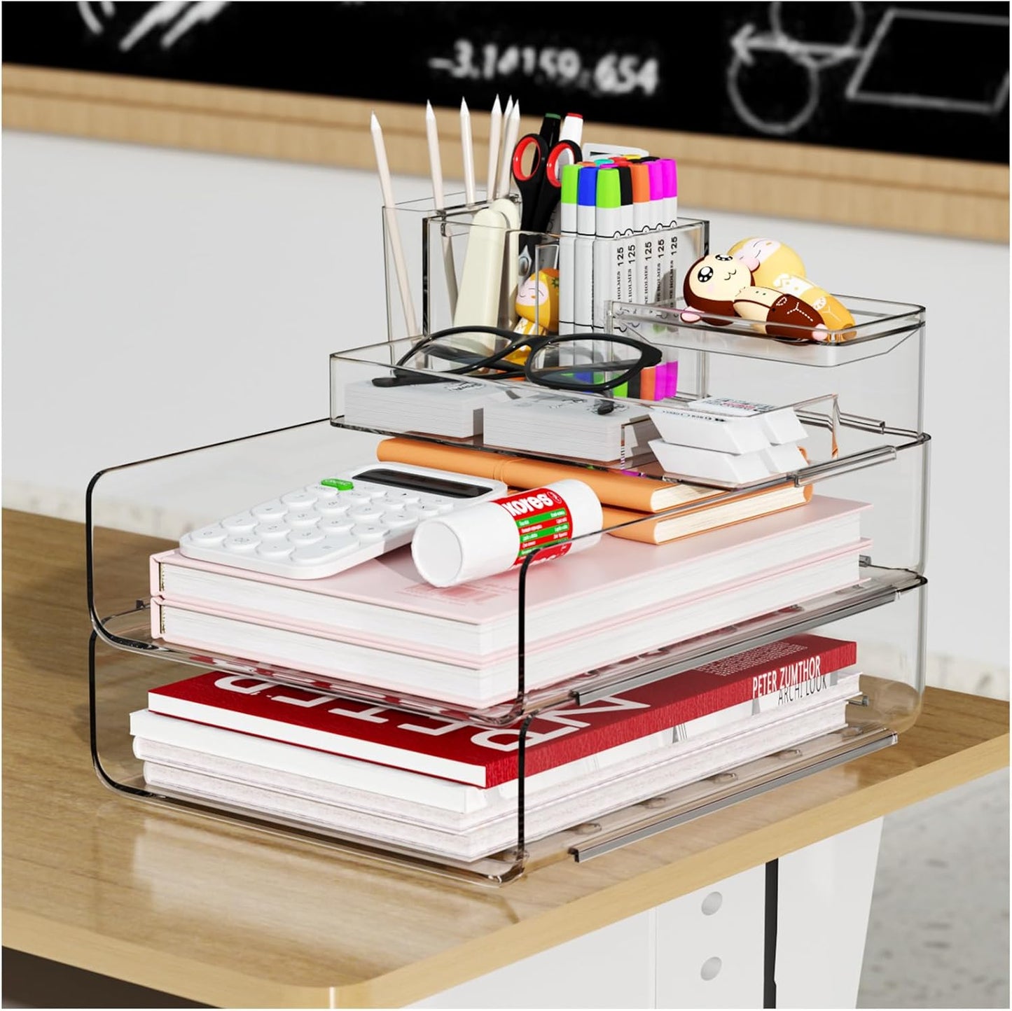 YKLSLH Paper Organizer - Clear Acrylic Stackable Desk File Tray with 5 Compartments & Pencil Holder