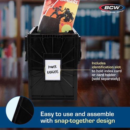 BCW Long Comic Book Bin - 1 Pack | Heavy Duty Comic Book Storage Box | Stackable Comic Bin Organizer for 300 Comics Each | Acid-Free Plastic Comic Book Box with Divider & Label Slot