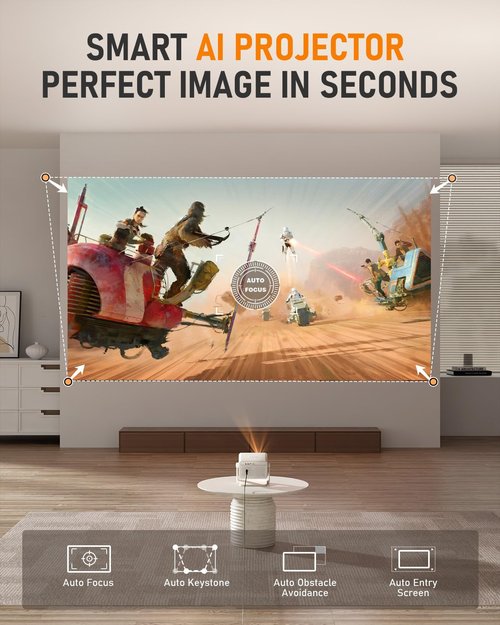 【Netflix Licensed & Auto focus Projector】VISSPL Smart Projector with WiFi and Bluetooth, Auto Focus & Keystone Protable Mini Projector with Stand, 4K Support Netflix Home Theater Projector White