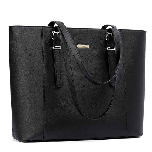 BROMEN Leather Laptop Bag for Women 15.6 inch Computer Office Briefcase Handbag Shoulder Work Tote with Padded Compartment black