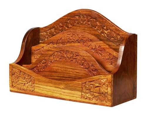 ARTISENIA Handmade Wooden Mail Organizer Letter Rack Wooden Magazine Holder Wooden Desk Organizer 3 Self Brass Inlay 12 Inch Remote Letter Holder