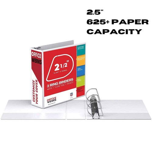 Office Werks 3 Ring Binder, Professional D Ring 2.5 Inch, 12 Presentation Folder for Standard Pages 8.5 x 11 with Pockets, Crystal Clear View White (12 Pack)