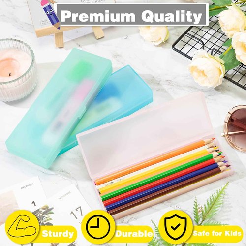 Fainne 36 Pcs Plastic Pencil Case Bulk Plastic Pencil Boxes Frosted Pens Holder with Hinged Lid and Snap Closure for Stationery Organizer School Office(White Pink Blue Green)