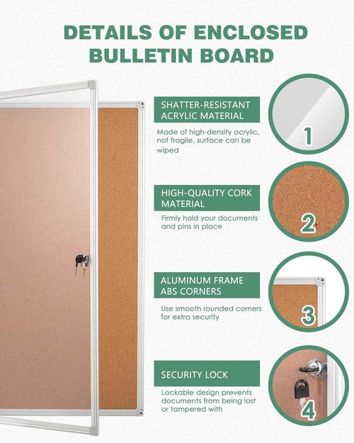 Spolehli 36"x24" Enclosed Cork Bulletin Board, Lockable Bulletin Board with Aluminum Frame, Wall Mounted Message Board, Shatter Resistant Display Board for Home, School, Office, Hospital, Commercial