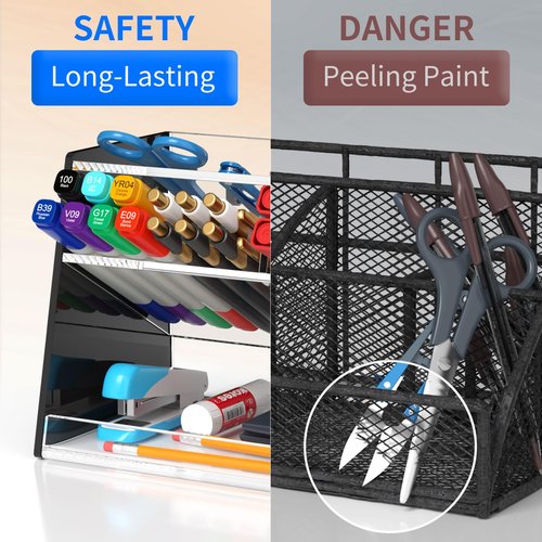 NIUBEE Acrylic Pen Holder Hanging: Wall Pencil Holder for Desk - Desk Organizer For Office - Adjustable Desk Organizers and Accessories with 5 Compartments No Drilling
