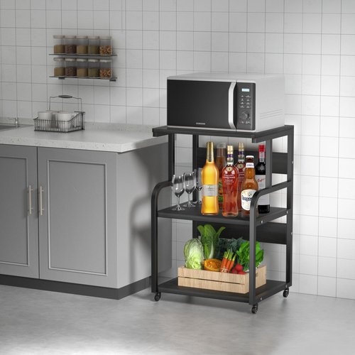 URLINE Large Printer Stand with 3-Tier Wood Storage Shelves -Multi-Purpose Desk Organizer- for Printer Scanner Fax Home Office Use with Wheels (Black)