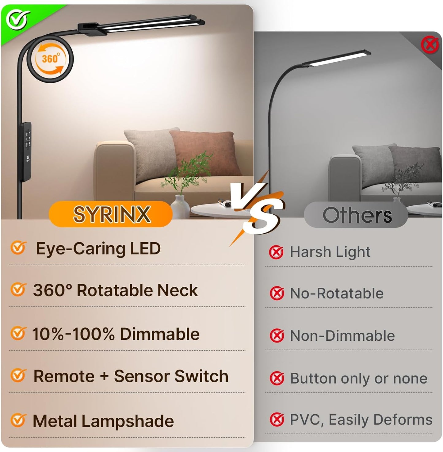 Syrinx LED Floor Lamp - 18W 2000LM Bright Reading Light with Gesture & Remote Control | Dimmable Dual Head Design