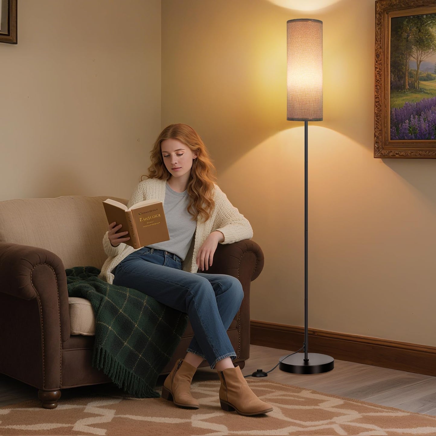 FRIDEKO HOME Grey Shade Floor Lamp, Simple Design with Foot Pedal Switch, Small Tall Lamps for Living Room Bedroom Office, Corner Floor Stand Light with Black Pole Lamp (No Bulb/No Remote)