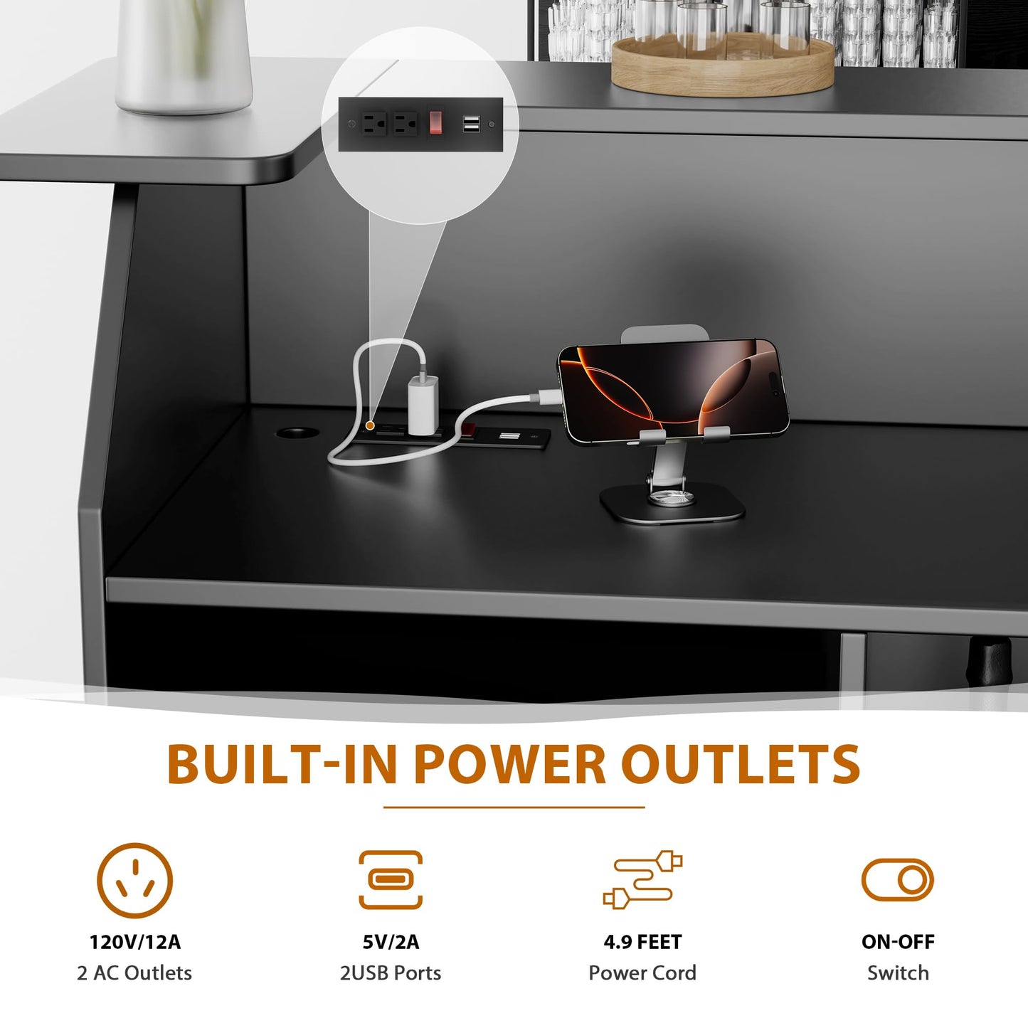 Home Bar Cabinet with Mini Fridge Space, Liquor Bar Cabinet for Home with Storage Shelves, Wine Glasses Holder, Power Outlet, Mini Fridge Cabinet with Storage, Wine Bar Cabinet for Living Room