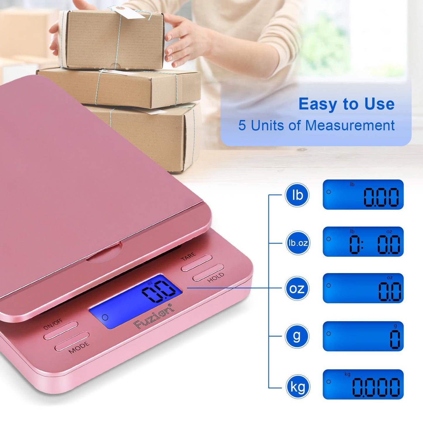 Fuzion Shipping Scale, Digital Postage Scale for Packages 86 lb/0.1oz with Hold and Tare, Postal Scale with Flip Holder, Package Scale for Small Business, Battery & AC Adapter, Rose Gold