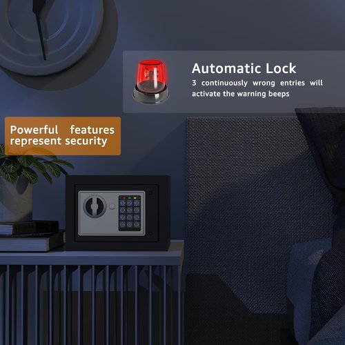 PATRON Small Safe Box for Money with Code and Keys，Solid Mini Safe for Kids with Digital Electronic Security Keypad for Home Office Hotel,Personal Money Safes for Cash,0.236 Cuft (Black)