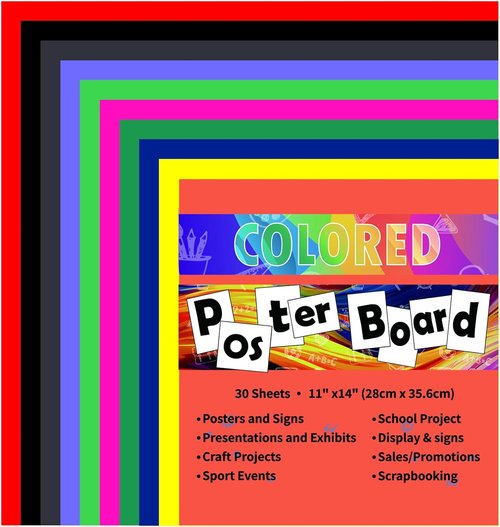 Pmybupo Colored Poster Board - 30 Sheets 11x14 Inch in 10 Assorted Colors for Art Projects & Classroom Use