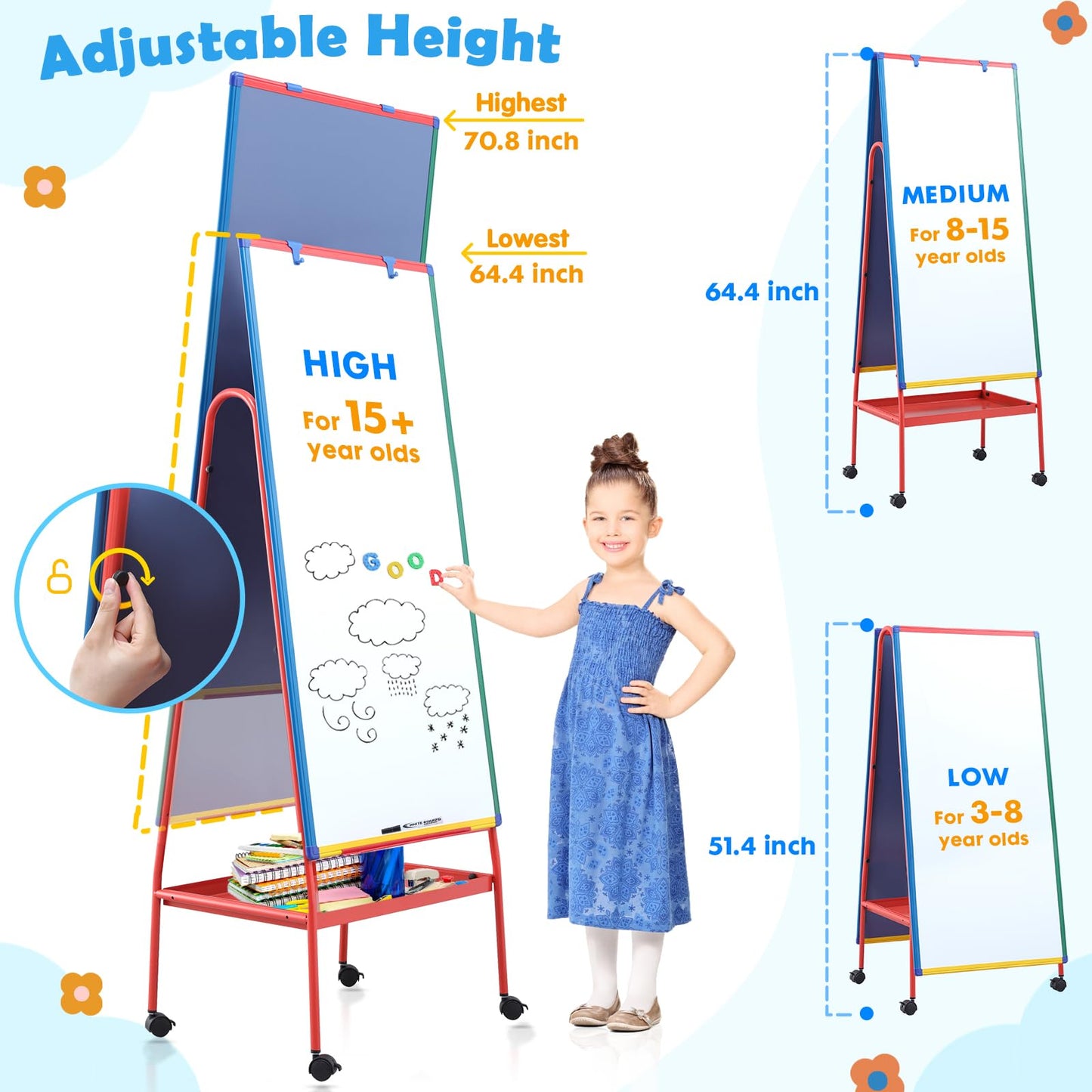Mobile Whiteboard on Wheels 48x24 in Rolling Classroom Easel for Teaching