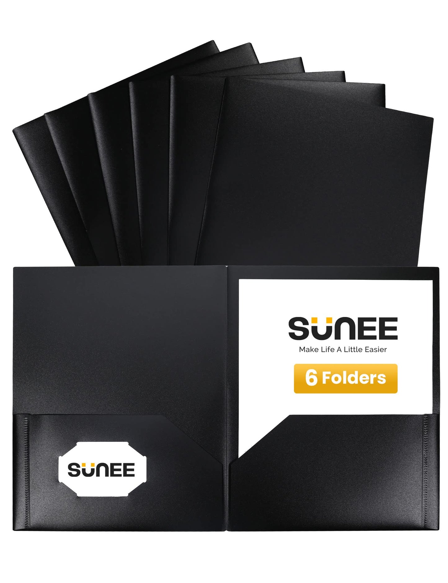 SUNEE 2 Pocket Folders (6 Pack, Black) Heavy Duty Plastic Folders with Pockets Fit Letter-Size Papers, Two-Pocket Poly Folder Bulk for School, College, Office