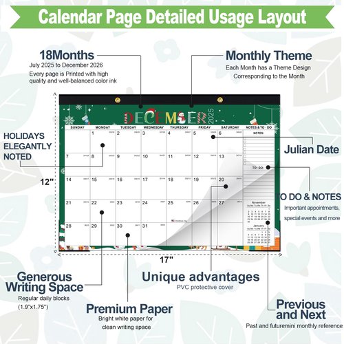 Desk Calendar 2025-2026, Monthy Desktop/Wall Calendar with 18 Months Theme Designs Runs From Now to Dec 2026, 17" x 12" Use as Deskpad Calendar for Home Office School (Blue)