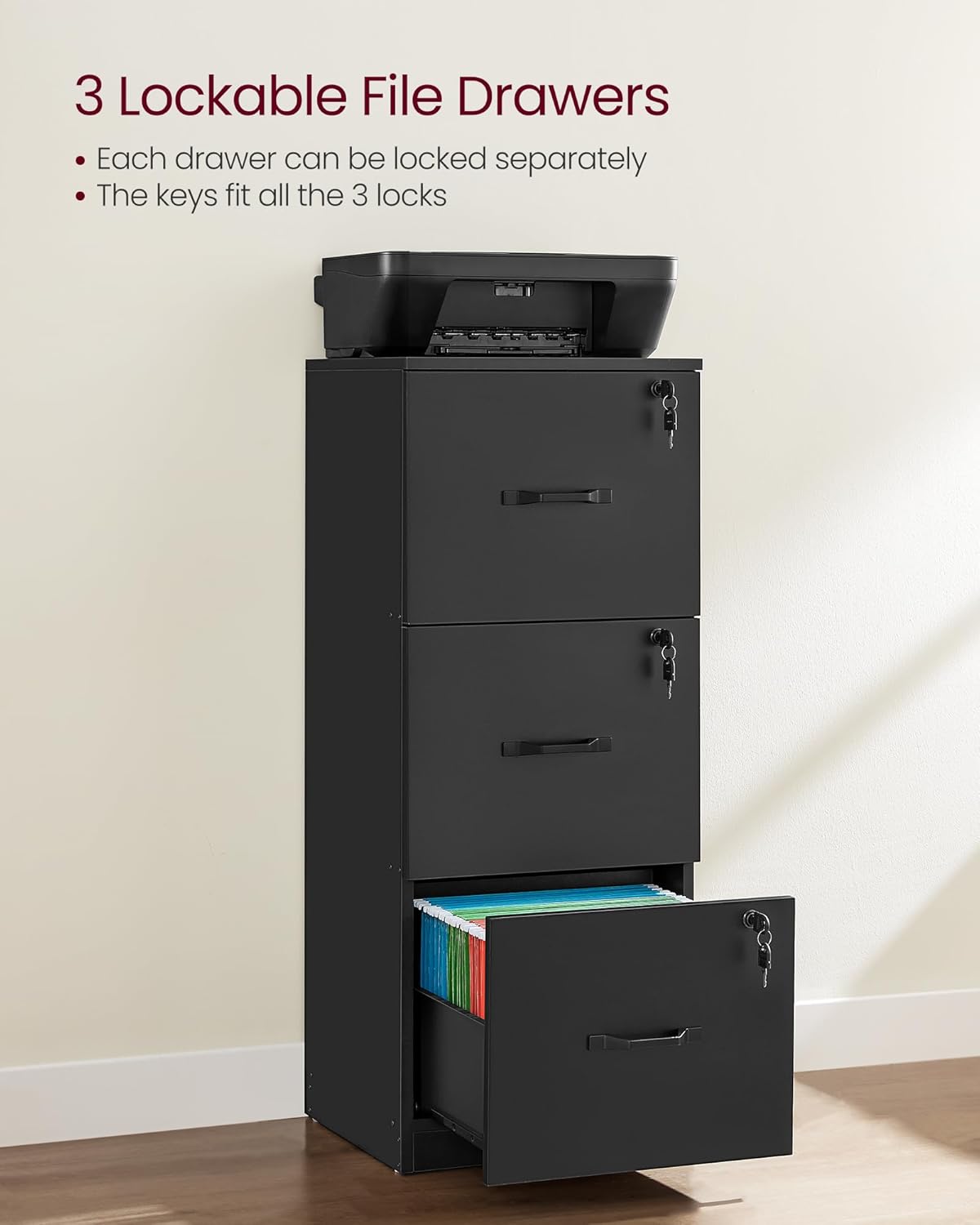 VASAGLE 3-Drawer Vertical File Cabinet - Lockable Storage for Home Office | Adjustable for A4 & Letter Size Files - Ink Black