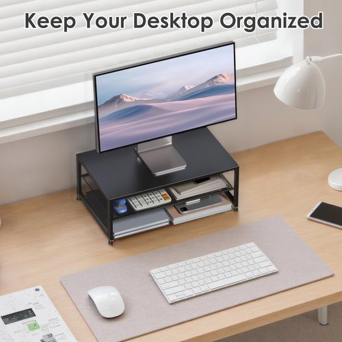ECOLOVI Desk Organizers and Accessories, Computer Monitor Stand Riser, Printer & Laptop Stand, Office Desk Accessories & Desktop Workspace Organizers for Office Supplies (Black)