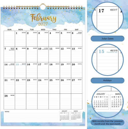 Colorful Waterink Wall Calendar 2026-2027 | 18-Month Twin-Wire Binding, 12" x 17" Size, Hanging Hook