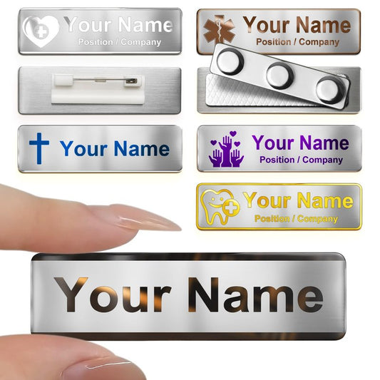DZIGNIQ Stainless Steel Custom Name Tag with Pin Clip - Engraved Personalized Work Badge Business Identification Metal ID Name Plate for Employee Uniform Nurse School Kids Clothes
